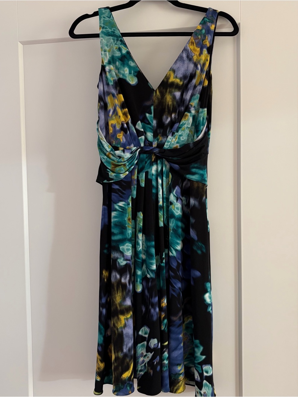 Tahari Black Floral Teal V-Neck Womens Dress